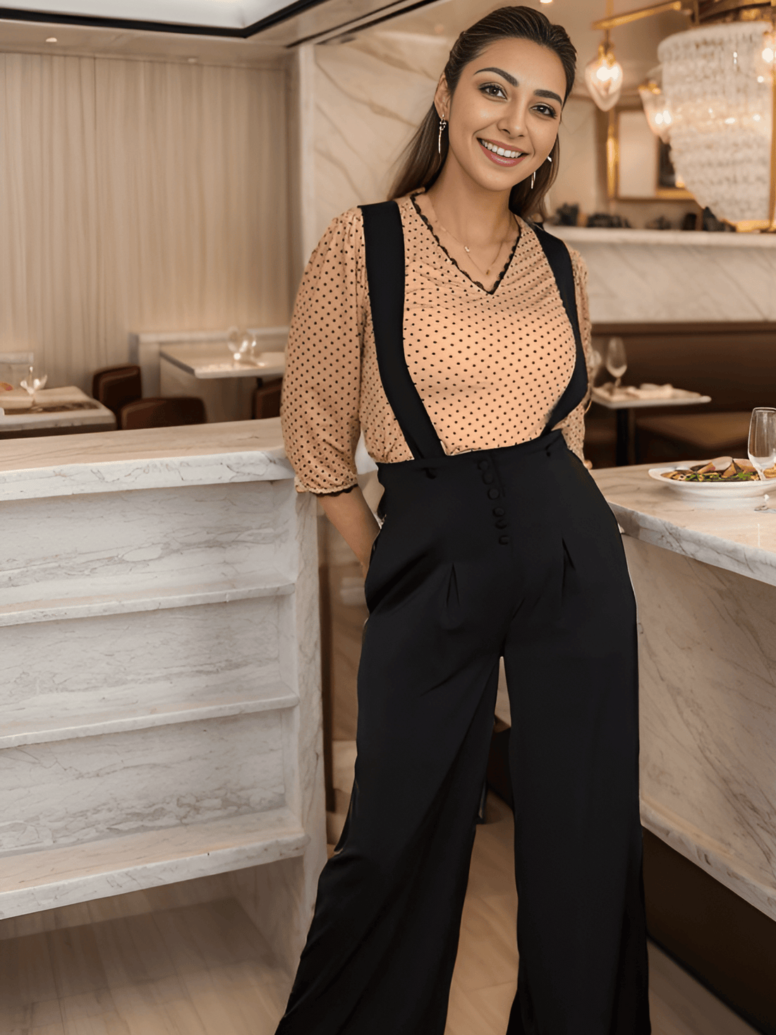 Emma - Salopette  et top en viscose à pois beige