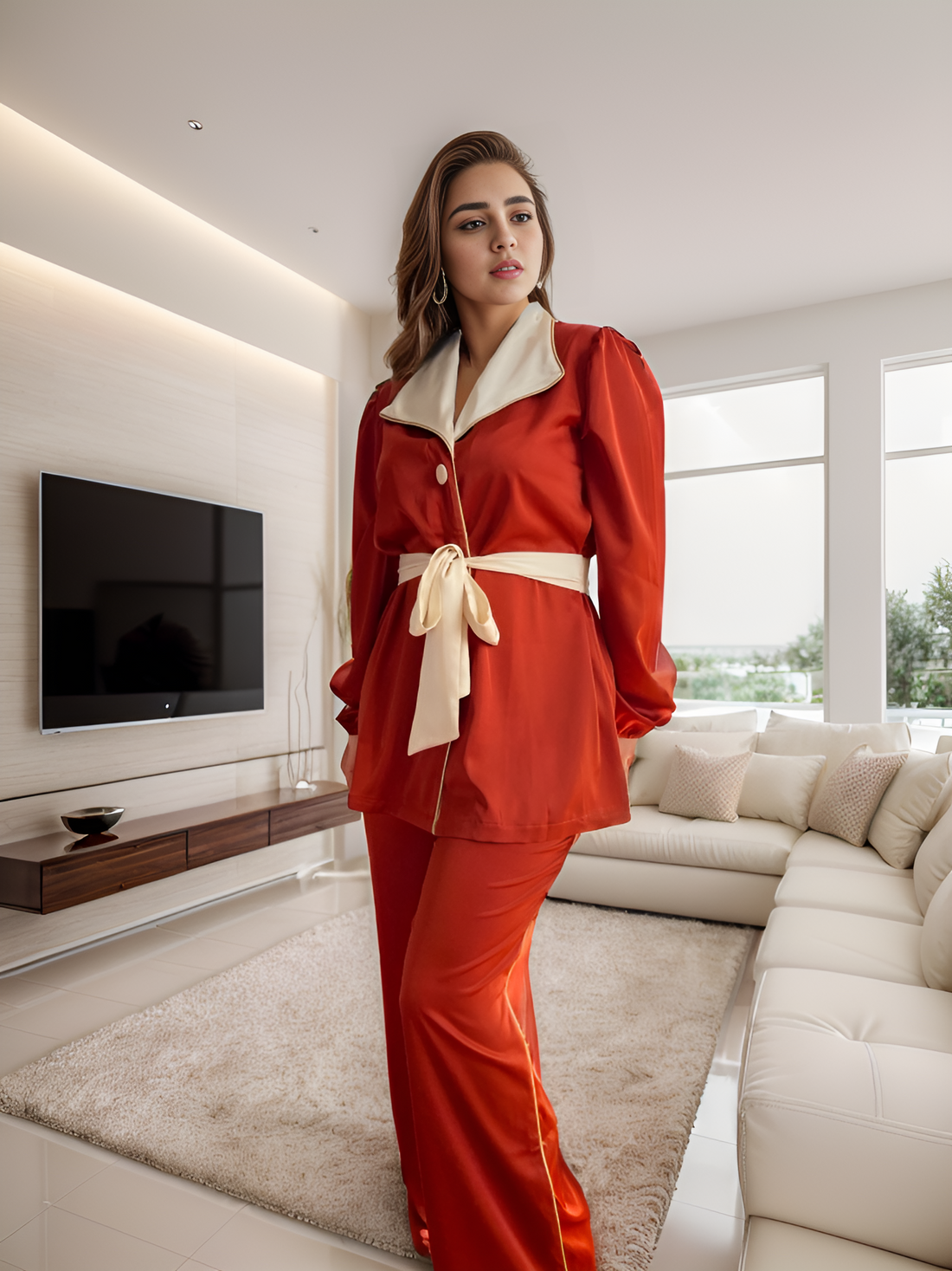 Ensemble pyjama en satin Amelia - Élégant deux pièces en terre cuite avec détails dorés